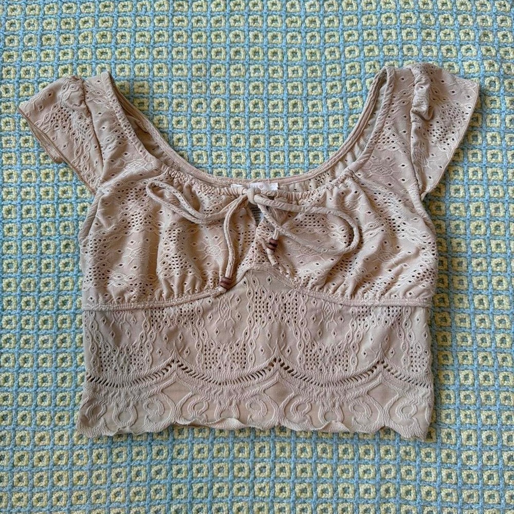Urban Romantics Tan Lace Eyelet Crop Top Boho Western Off Shoulder M